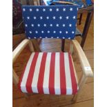 Stripped oak elbow chair with contemporary stars and stripes upholstered seat and back