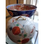 Large Oriental Imari-type porcelain bowl with Foo dog decoration, and a Japanese lidded bowl with