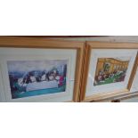 Pair signed and numbered anthropomorphic humorous colour prints by Alistair Hillery