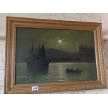 19th century moonlight scene of a river and vessels with cityscape, signed, oil on canvas (A/F)