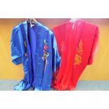 Two silk hand embroidered Chinese robes depicting five clawed dragons and birds.