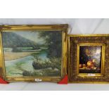 A framed oil on board depicting a still life of fruit, unsigned,