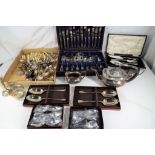 A cased Amefa cutlery set, a quantity of stainless steel and plated flatware, a cruet set,