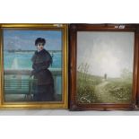 An oil on board depicting a coastal scene with a female dressed in period costume,