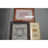 A good lot to include three WW2 silk embroidered postcards, mounted and framed under glass,