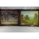 A framed oil on canvas depicting a garden scene with blossoming trees,