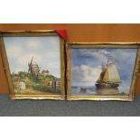 A framed oil on canvas depicting a coastal scene, unsigned,