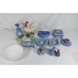 A mixed lot of ceramics to include Wedgwood Jasperware, Goebel model depicting a cockerell,