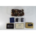 A small quantity of UK coins, both pre and post decimalisation, a boxed Zippo pocket knife,