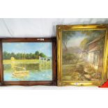 An oil on canvas depicting a rural scene, gilt framed,