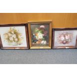 A lot to include a framed oil on board still life depicting flowers and fruit,