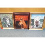 Three framed oils on board depicting animals,
