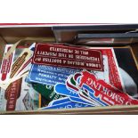Two boxes containing a large collecting of framed railway prints, railway related stickers,