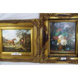 A framed oil on board depicting a floral still life, unsigned,