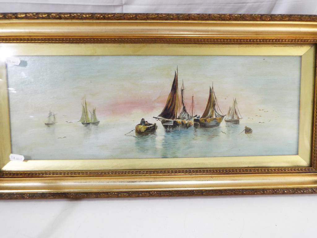 A framed and glazed oil on canvas depicting a maritime scene approximately 19 cm x 54 cm image size.