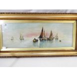 A framed and glazed oil on canvas depicting a maritime scene approximately 19 cm x 54 cm image size.