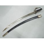 A 20th century, cavalry style, sword with white metal mounted scabbard,
