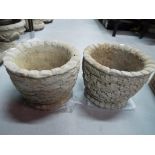 Garden - a pair of round reconstituted stone planters with oak leaves decoration Est £30 - £50