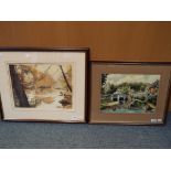 A watercolour of a village scene mounted and framed under glass signed lower right by the artist T