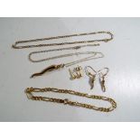 A quantity of 9 carat gold to include necklace and pendant, ankle chain,