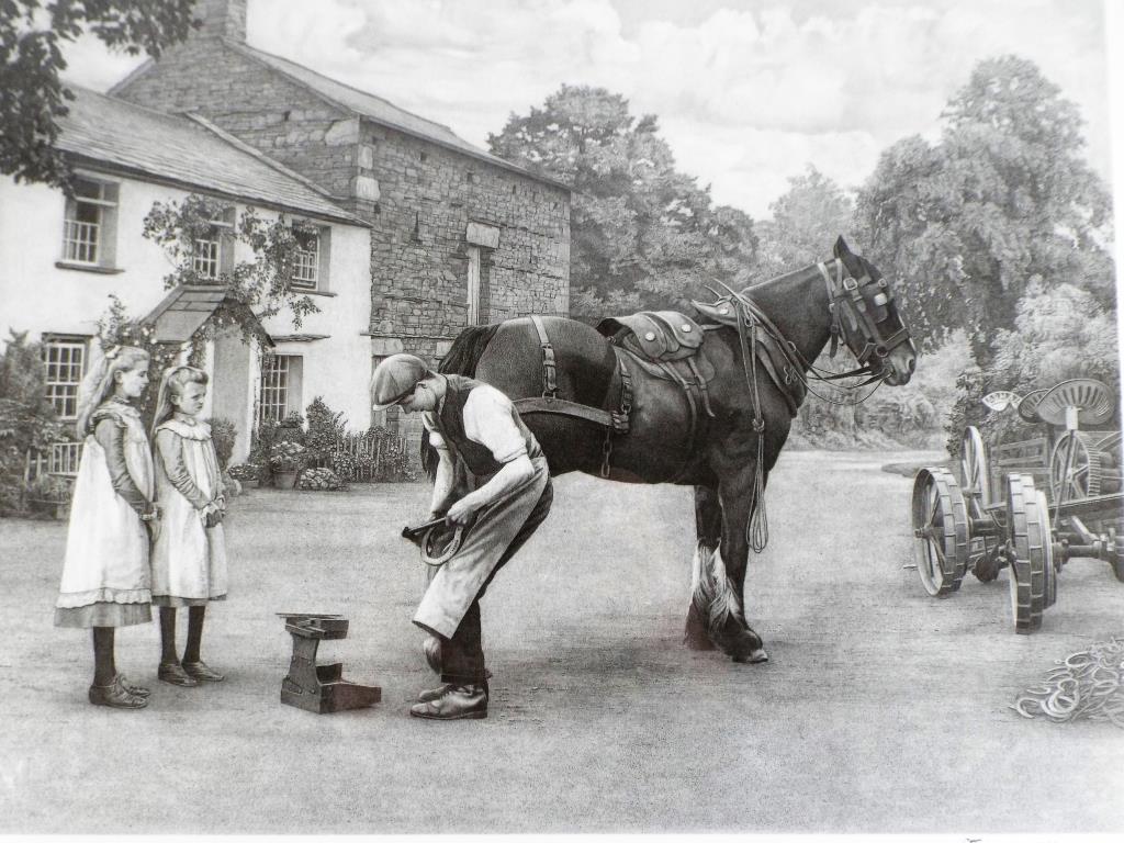 John S Gibb - a black and white print depicting a farrier signed in pencil to the margin mounted