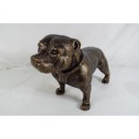A cast bronzed statue depicting a pit bull,
