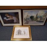 A watercolour mounted and framed under glass depicting a village scene signed lower right by the