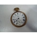 A yellow metal cased pocket watch, Roman numerals on a white dial marked Lancashire Watch Co,