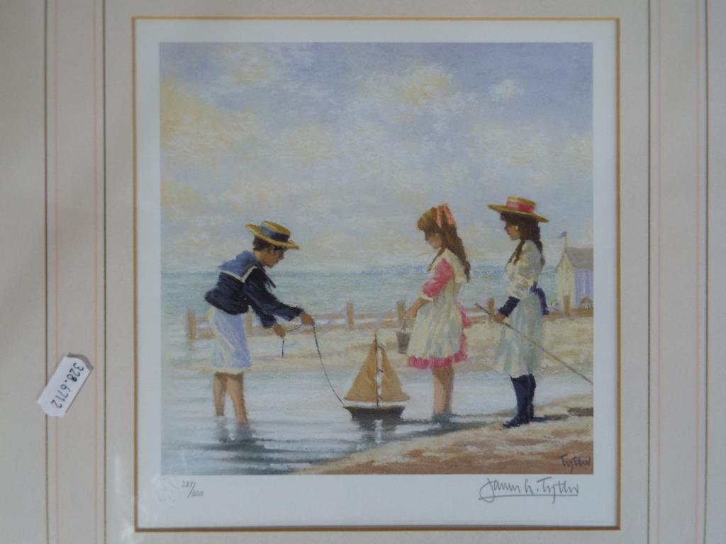 A limited edition print mounted and framed under glass depicting children on a beach numbered 327 - Image 2 of 5