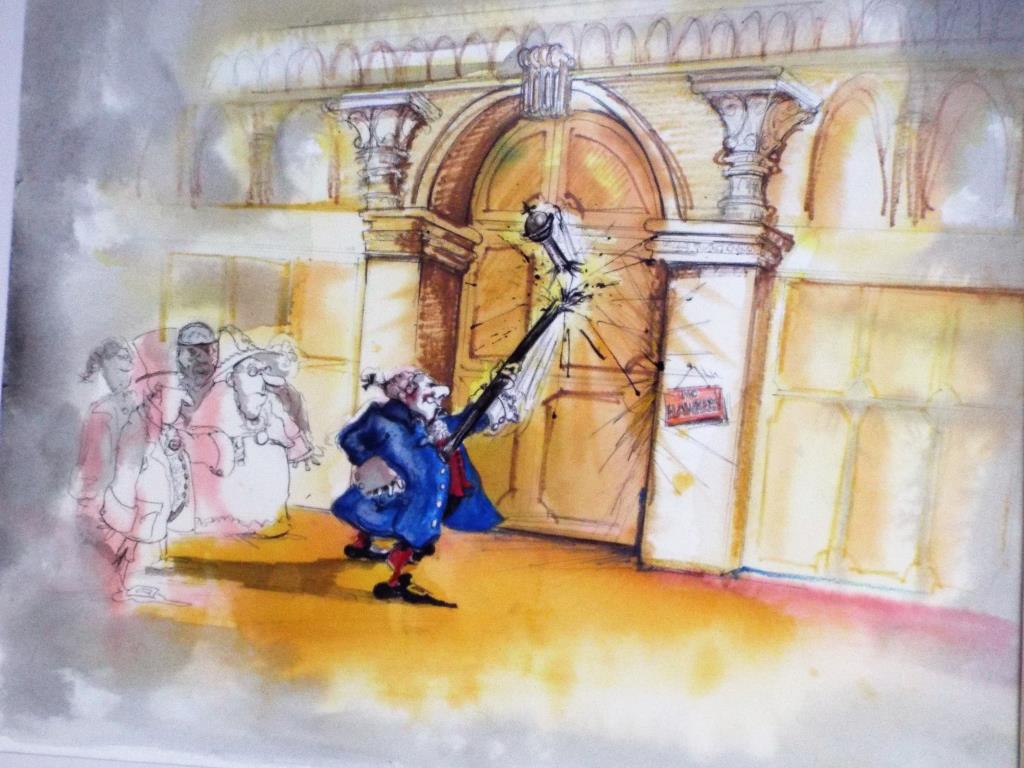 A watercolour and pastel political cartoon depicting Black Rod banging on the door of the Commons