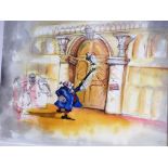 A watercolour and pastel political cartoon depicting Black Rod banging on the door of the Commons