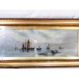 A framed and glazed oil on canvas depicting maritime scene approximately 19 cm x 55 cm image size.