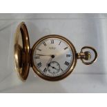 Waltham - a gold plated full hunter crown wind pocket watch, Roman to white enamel dial,