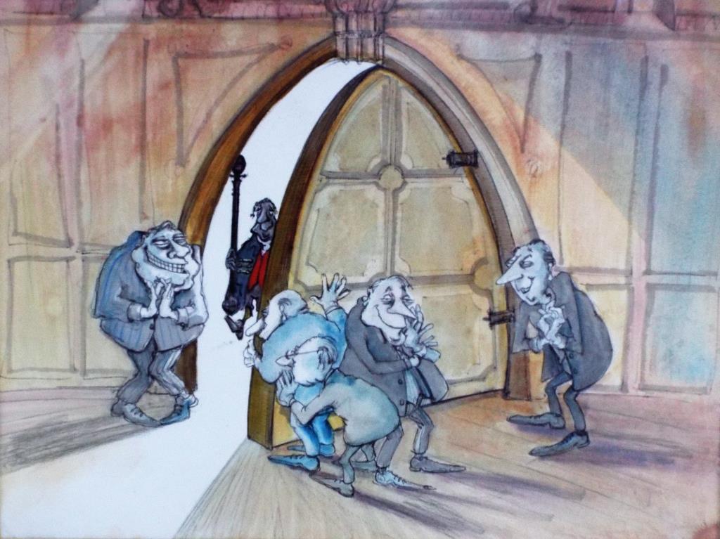 A political cartoon in watercolour and pastel depicting Black Rod approaching the Commons chamber,