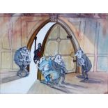 A political cartoon in watercolour and pastel depicting Black Rod approaching the Commons chamber,