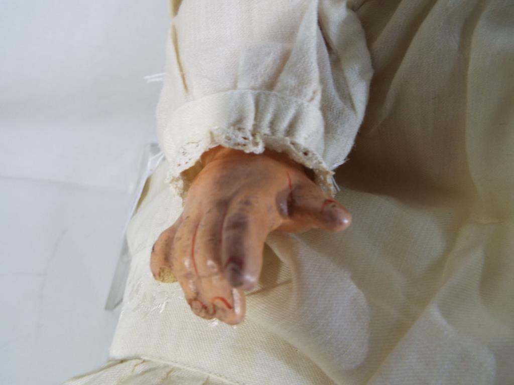 A bisque headed dressed doll with glass sleeping eyes, open hand painted mouth, with jointed limbs, - Image 3 of 5