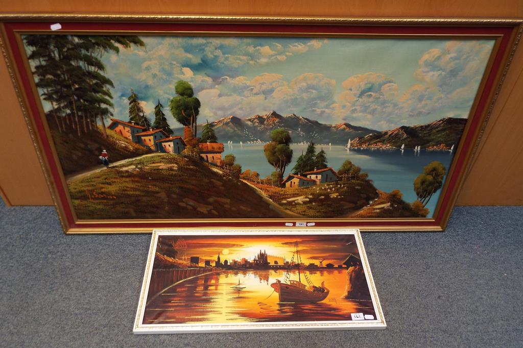 A large framed oil on board depicting a European lakeside scene image size approx 59cm x 119cm