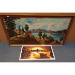 A large framed oil on board depicting a European lakeside scene image size approx 59cm x 119cm