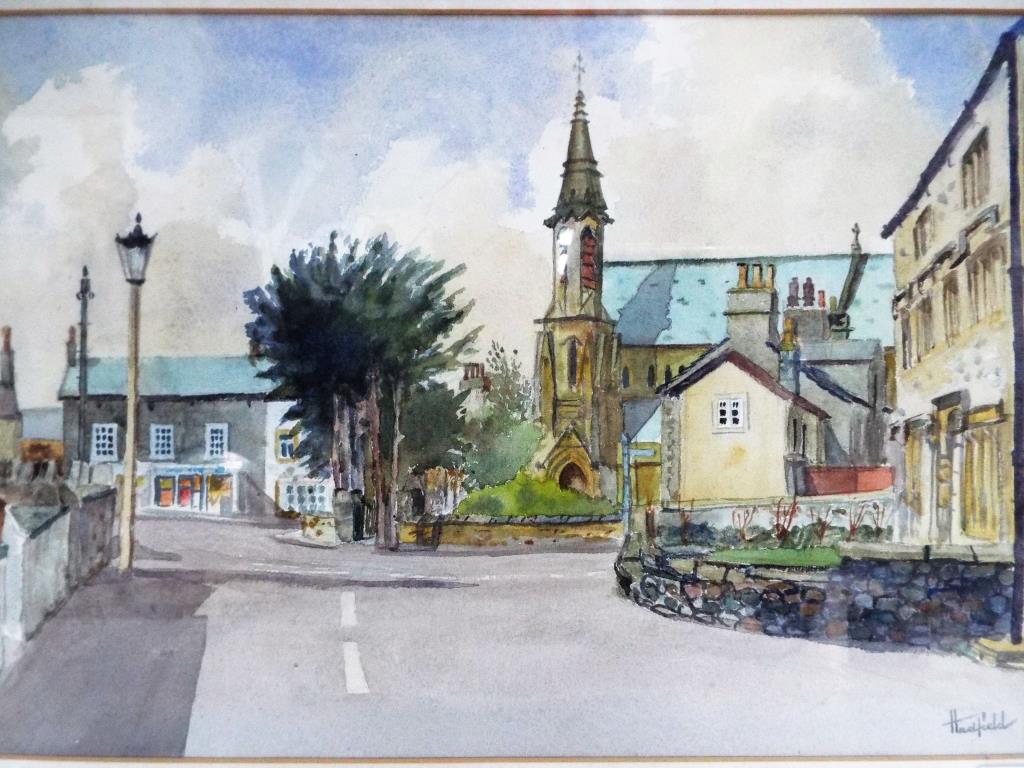 A watercolour mounted and framed under glass depicting a village scene signed lower right by the - Image 2 of 4