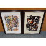Two framed prints depicting blues musicians and jazz musicians,