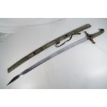 A Talwar style sword with intricately decorated matching scabbard approximately 92 cm total length.