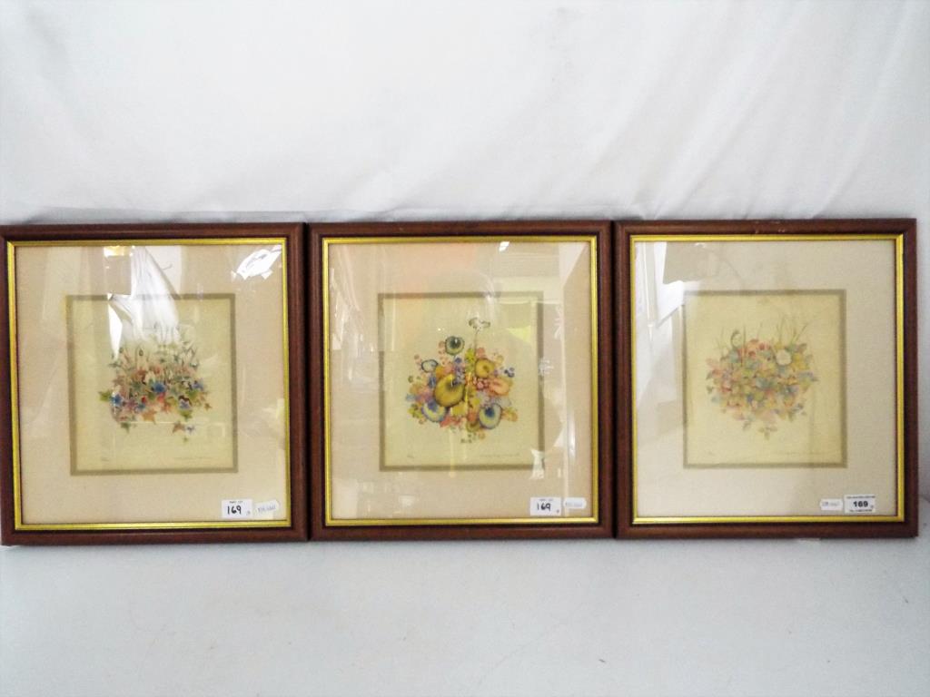 Three limited edition prints depicting flowers, printed on embossed paper,