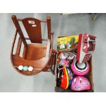 A good mixed lot to include a wooden highchair, two safety cycling helmets,