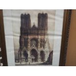 A signed and coloured etching titled Rheins Cathedral [REINS] signed in pencil lower left by J