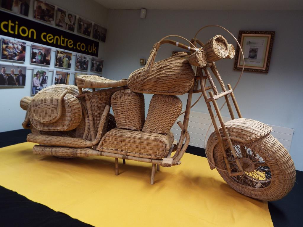 Harley Davidson - a midcentury lifesize wicker and bamboo model of a Harley Davidson motorcycle,