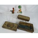 Two American vintage novelty bottle openers and three vintage tins, Bulwark Cut Plug.