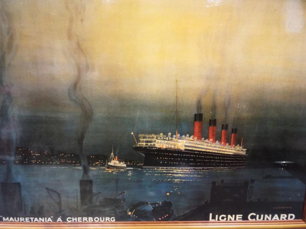 A print depicting Ligne Cunard ship, entitled Mauretania A Cherbourg, by K.D.