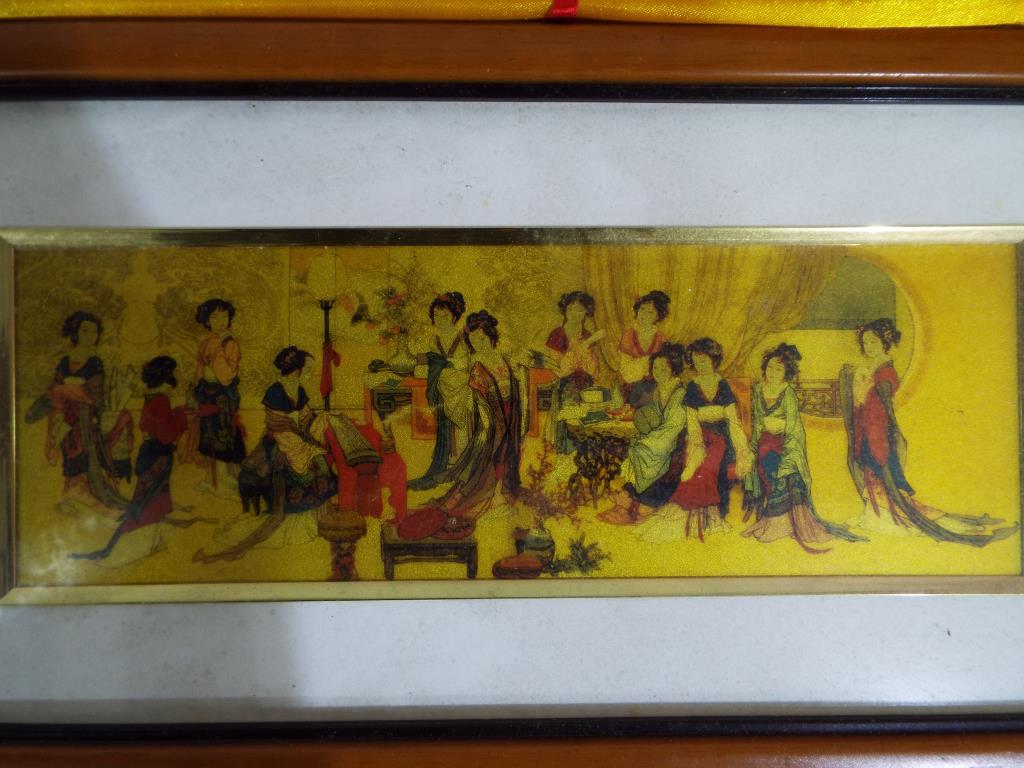 Two decorative Oriental pictures, mounted and framed under glass, first depicting geishas, - Image 2 of 4