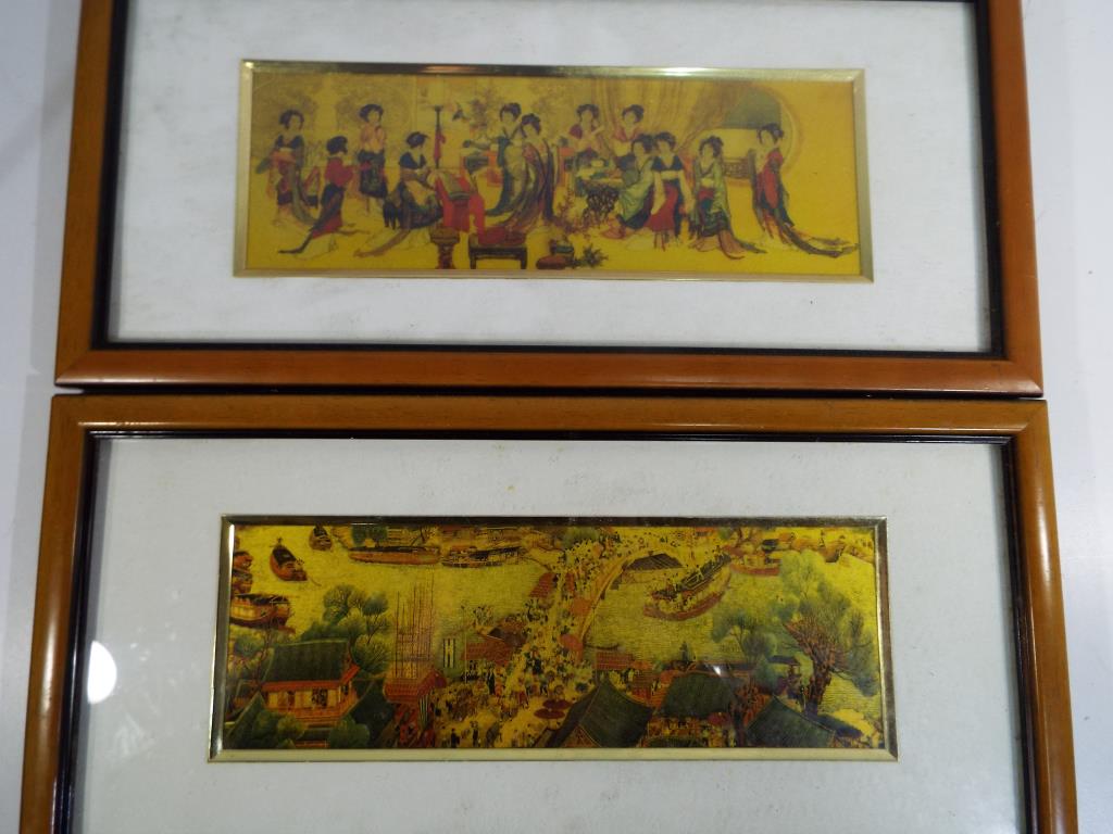 Two decorative Oriental pictures, mounted and framed under glass, first depicting geishas, - Image 4 of 4
