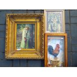 A print in decorative frame depicting lady/young girl in a woodland scene, Egyptian theme picture,